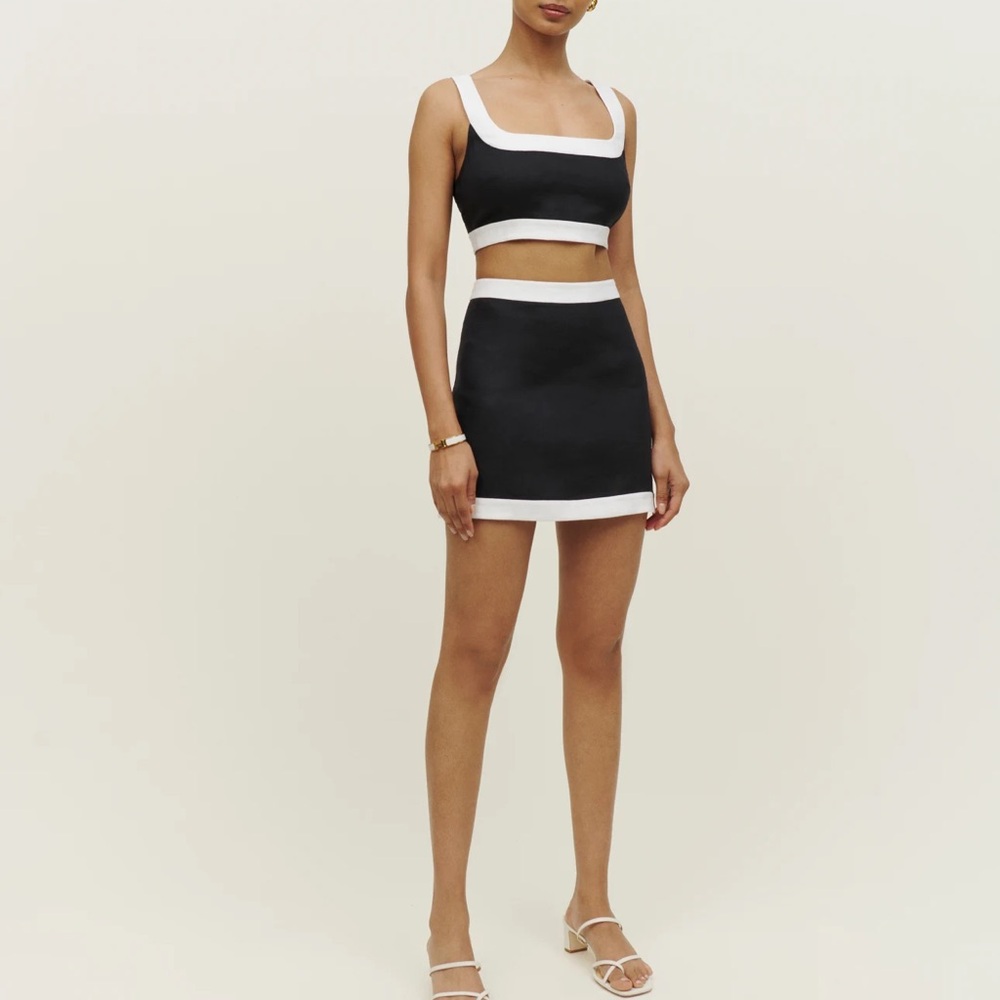 Reformation Robbie Black White Linen Two Piece Skirt Set 0